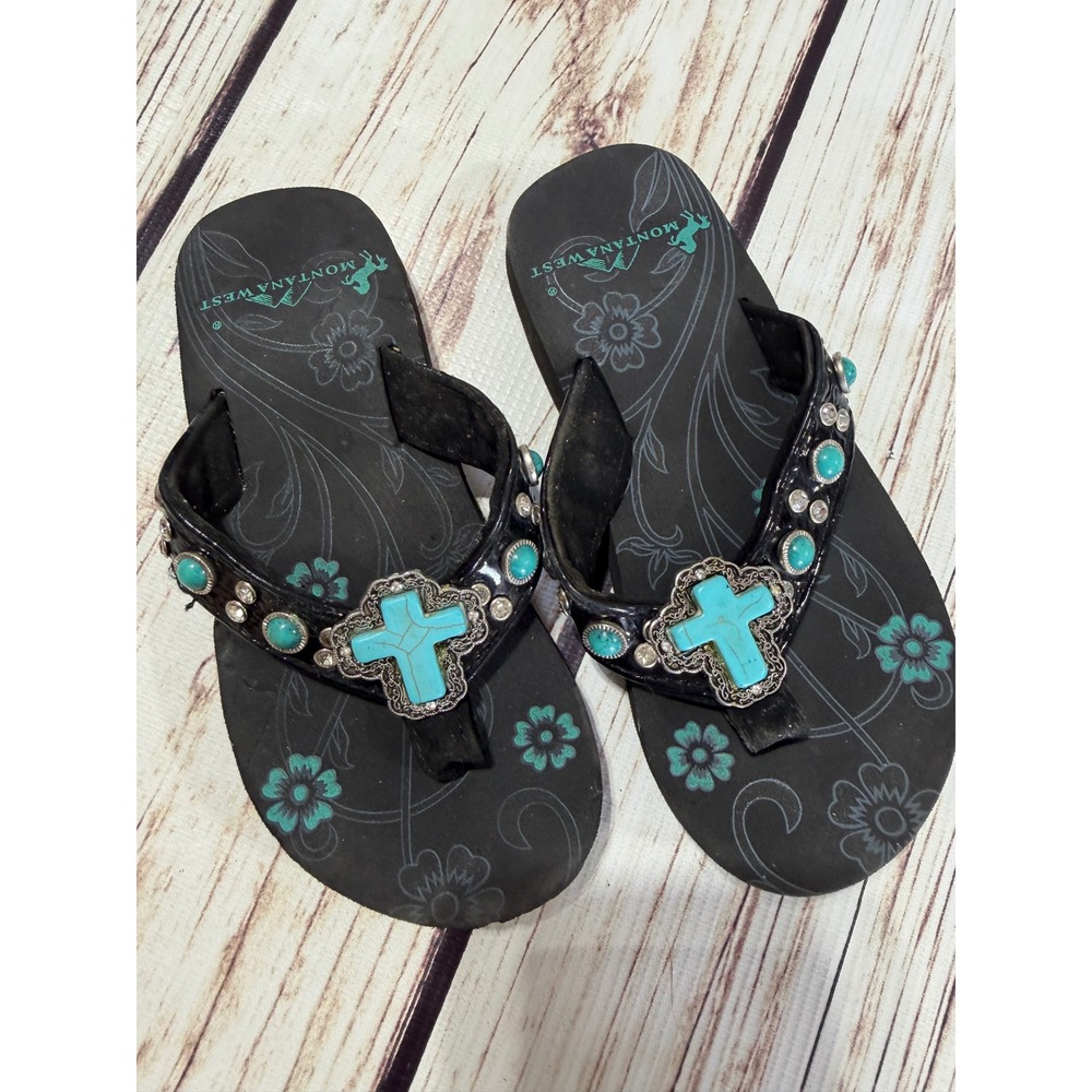 Montana West Girls Black Turquoise Cross Bling Flip Flops Sandals Size 11/12